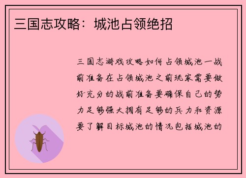 三国志攻略：城池占领绝招
